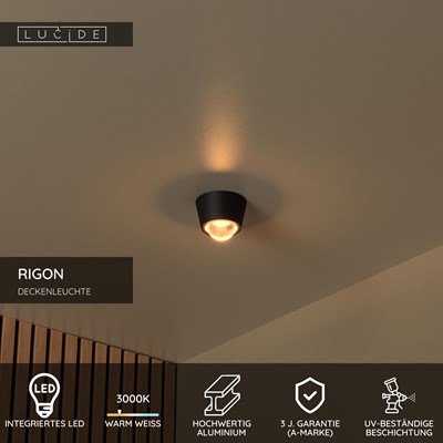 Lucide RIGON - Deckenleuchte - Ø 9 cm - LED - 1x6W 3000K - Schwarz